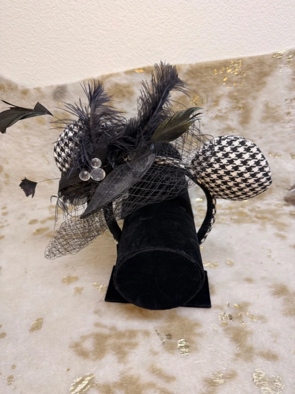 Minnie Mouse Fascinator Headband Black Feather Veil Houndstooth Ears Vintage Glm